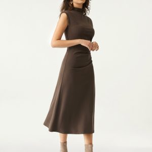 Mockneck Tucks Midi Dress