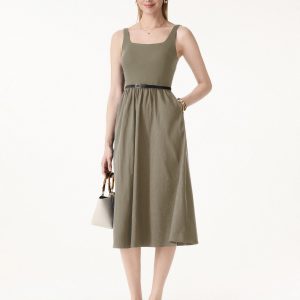 Cotton-Linen Blend Square Neck Fit-and-Flare Midi Bra Dress