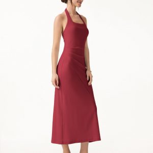 Cotton Lyocell Halter Square Neck Tucked Maxi Dress