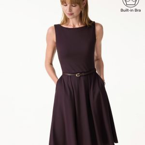 Stretchy Boatneck Fit-and-Flare Mini Bra Dress with Pockets