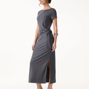 Cooling Wrinkle-Resistant Side Waist Tie Midi Dress with Slit