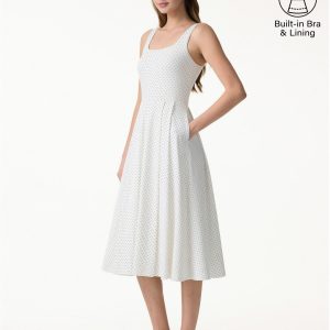 Stretch Cotton Polka Dot Square Neck Midi Bra Dress with Pockets Limited Edition