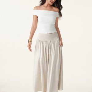 European Linen Smocked Waist Skirt with Pockets
